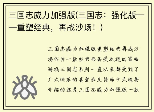 三国志威力加强版(三国志：强化版——重塑经典，再战沙场！)